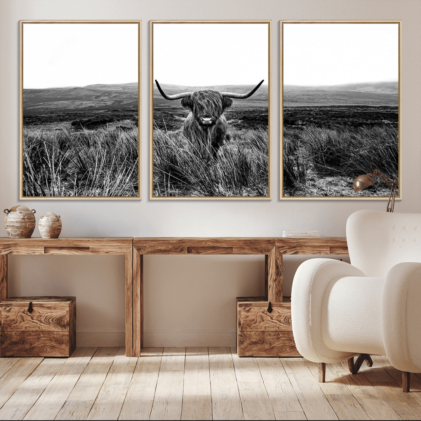 -MGV-CV-36X24-Black and White Highland Cow Canvas Wall Art, Longhorn Triptych Western Wall Decor for Cabin -