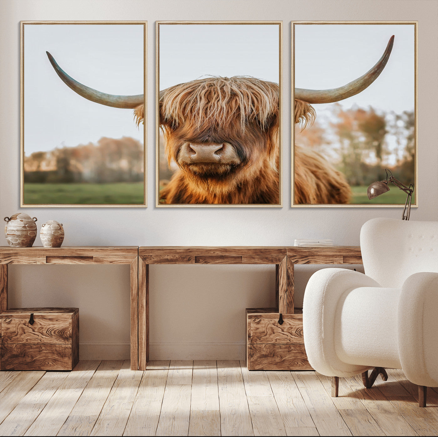 41121-MGV-FC-60X30-3P_Natural-Highland Cow Animal Scottish Cattle Art Print Farmhouse Wall Art Canvas Print