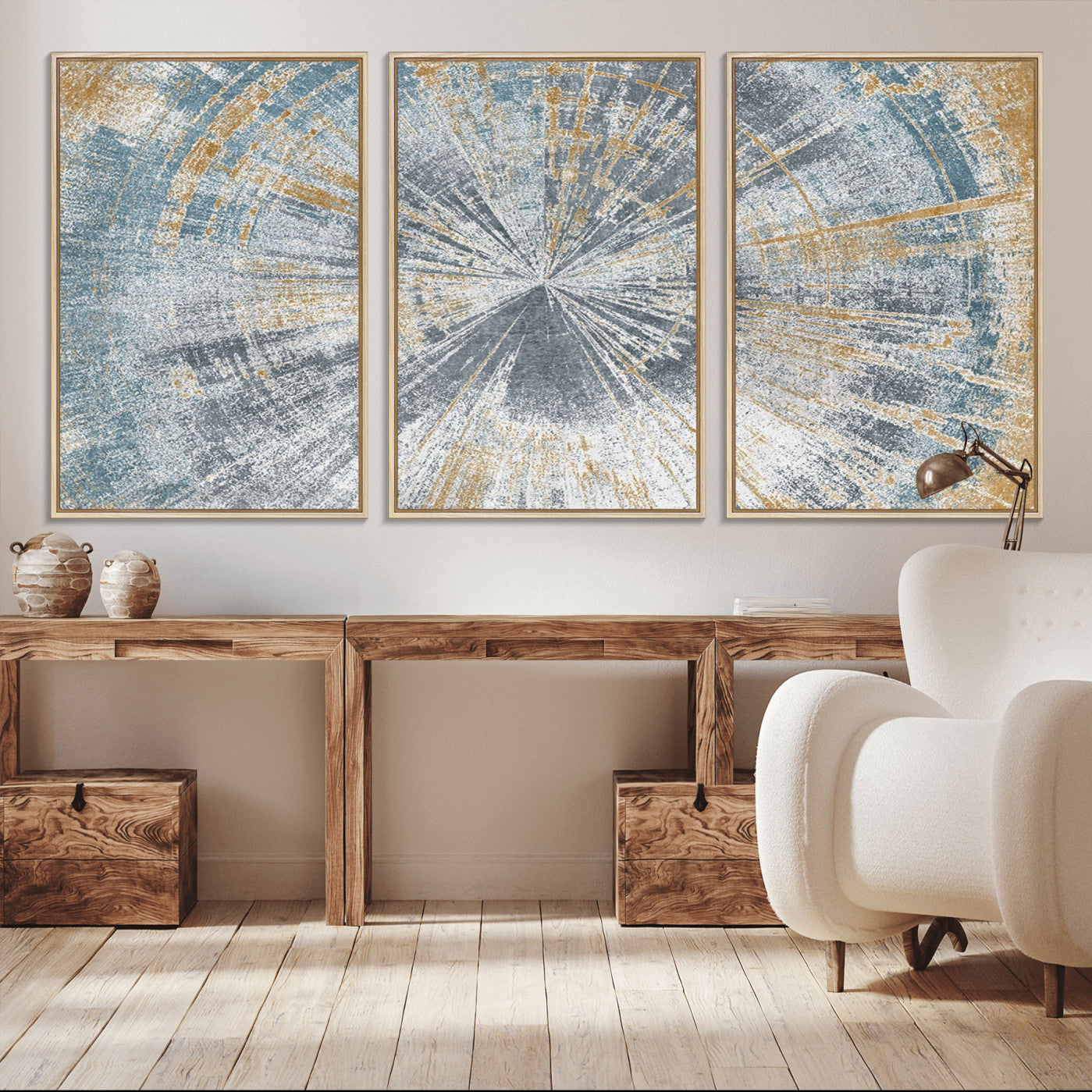 17631-MGV-CV-36X24-Radiant Abstract Wood Rings Canvas Art – Modern Triptych Wall Decor for Living Room or Farmhouse