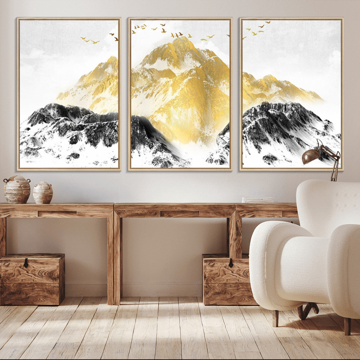 37733-MGV-CV-36X24-Golden Mountain Triptych Wall Art Canvas Print, Modern Giclee Canvas Print, Nature Landscape Decor