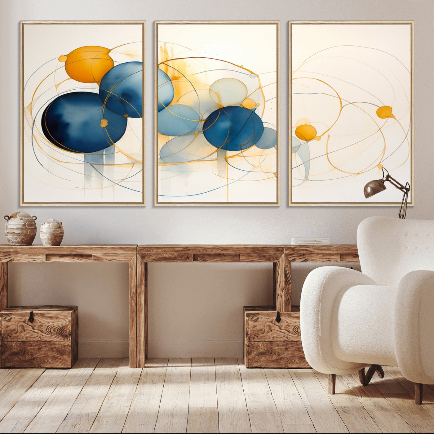 36188-MGV-FC-60X30-3P_Natural-Geometric Blue Orange Abstract Wall Art Canvas, Geometric Blue Orange Canvas Print