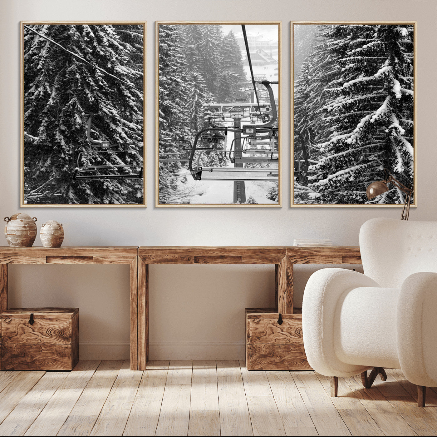 19240-MGV-CV-36X24-Winter Ski Lift Black and White Canvas Wall Art – Alpine Escape in Minimalist Style – Winter Ski