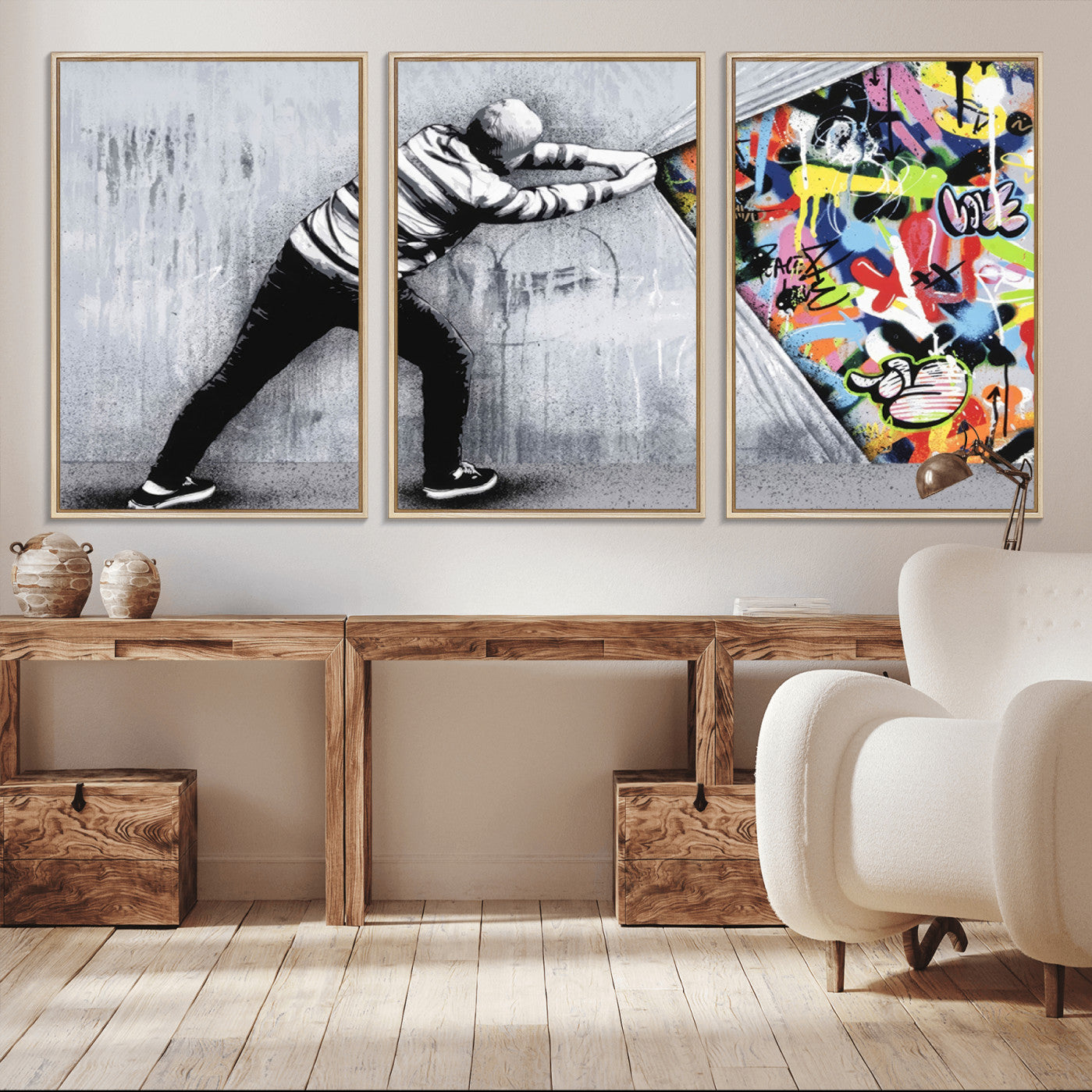 52252-MGV-CV-36X24-Banksy Art Behind the Curtain Street Wall Art Canvas Print | 3-Panel Urban Graffiti-Inspired Wall