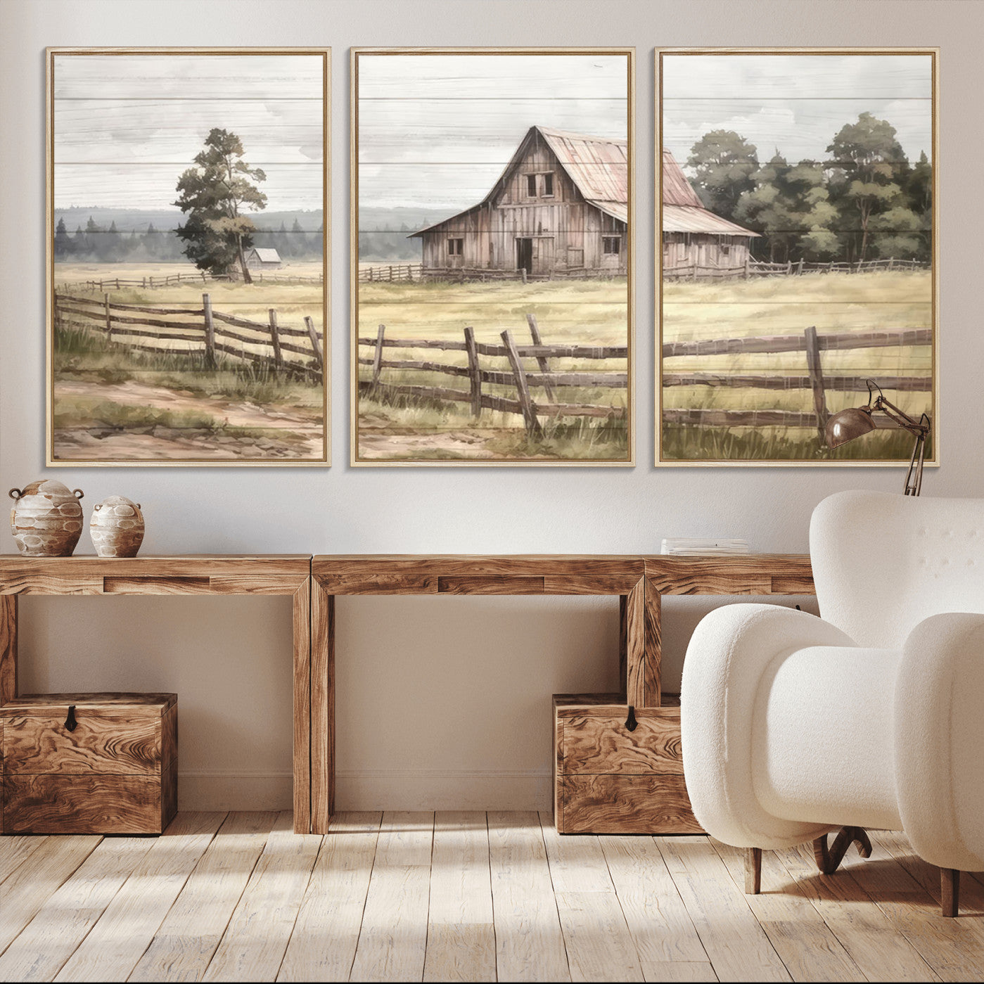 87489-MGV-CV-36X24-Rustic Farmhouse Barn Wall Art | 3-Panel Framed Gallery Wrap Giclee Canvas Print for Living Room,