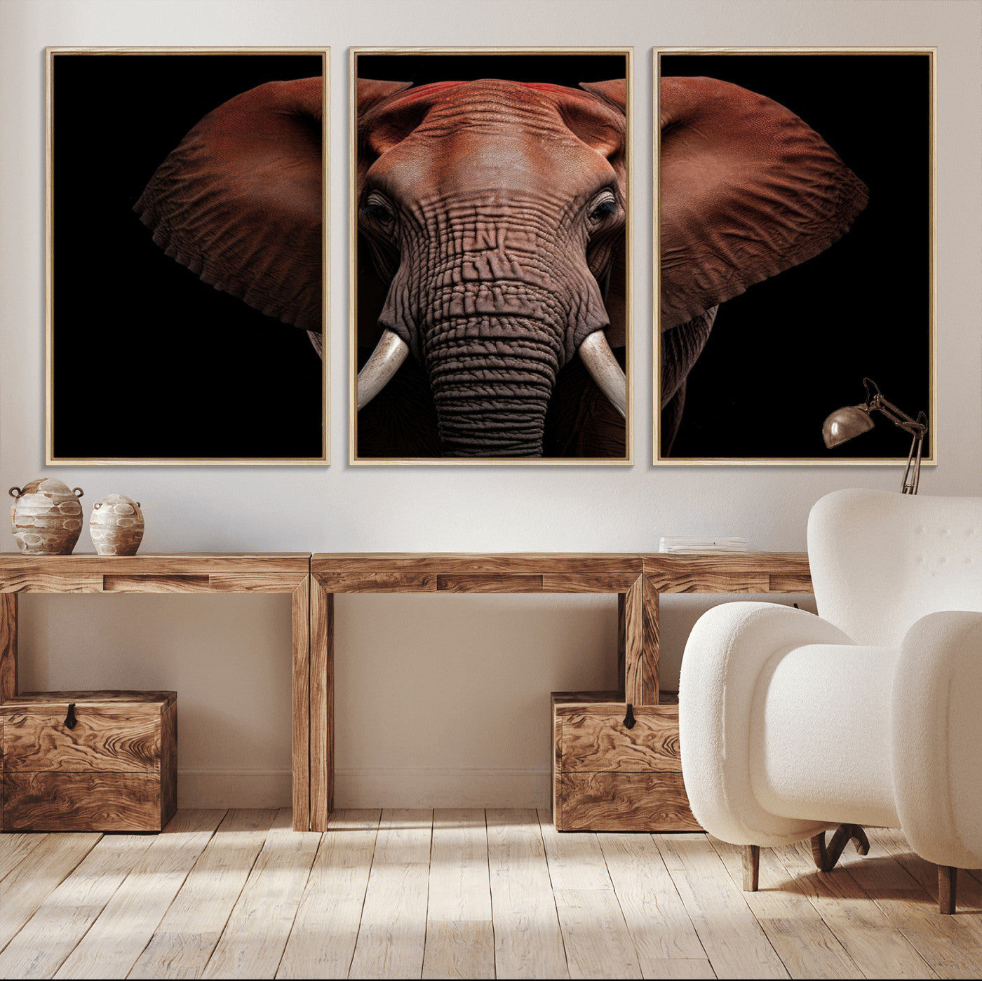 21941-MGV-FC-60X30-3P_Natural-Wild Elephant Wall Art Canvas Print, Africa Savannah Wild Animal Wall Decor Print
