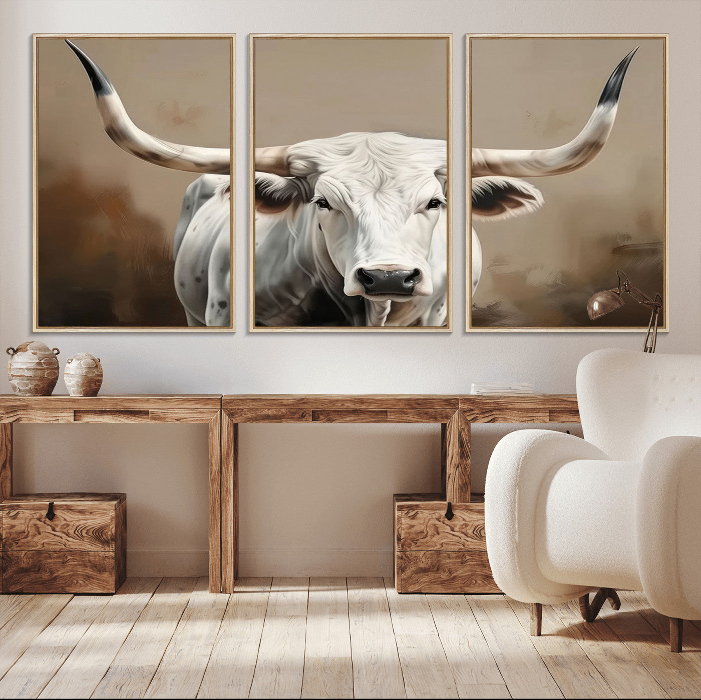 -White Longhorn Bull Wall Art Canvas Print – Framed and Ready to Hang – Perfect for Farmhouse and