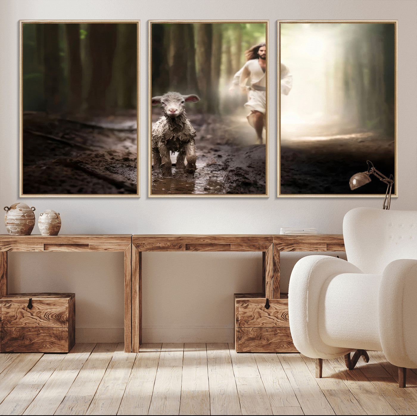 68919-MGV-FC-60X30-3P_Natural-Jesus Canvas Wall Art - Jesus Running After Lost Lamb, Jesus, Christian Home Decor - Church Wall Art