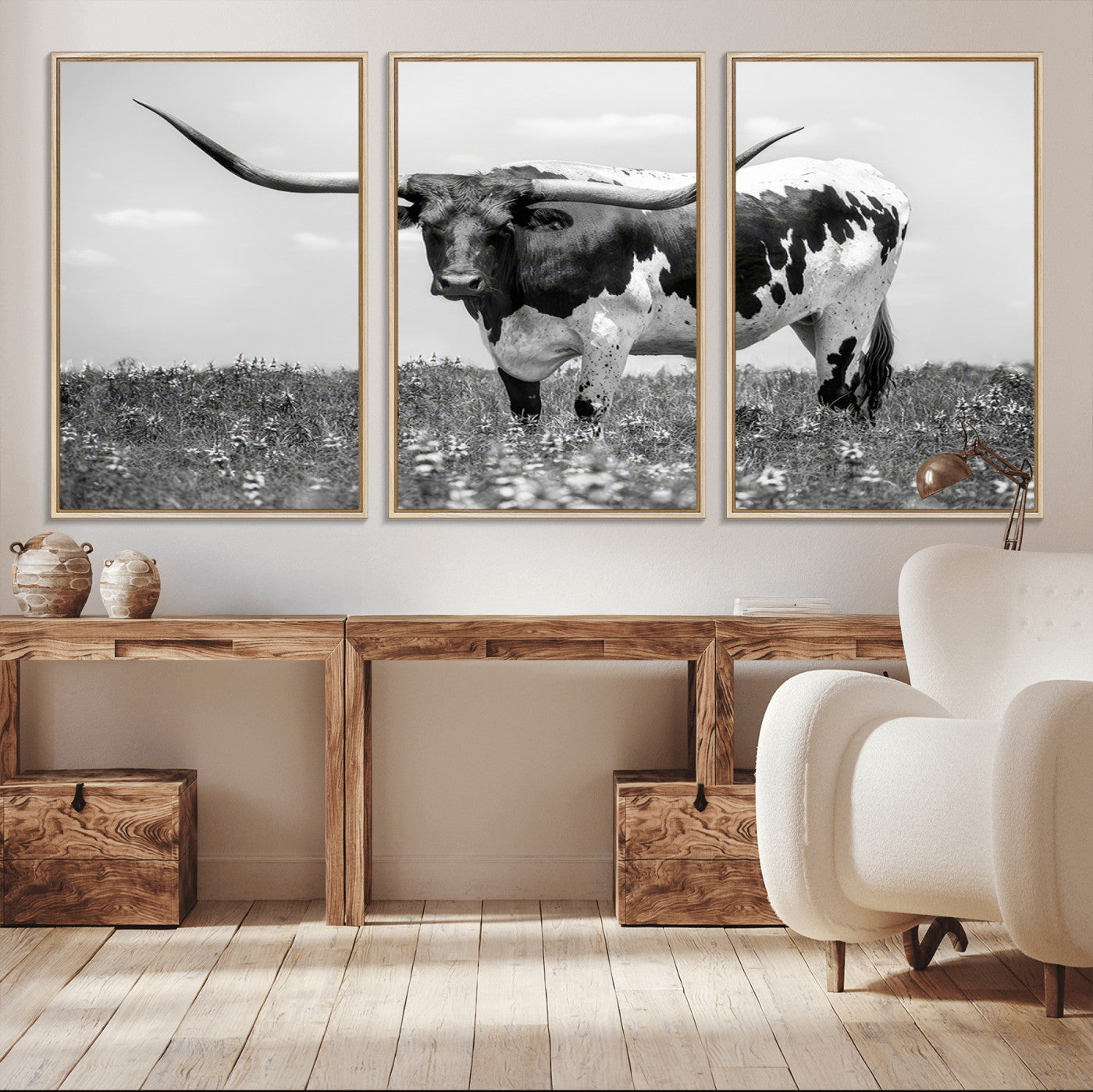 -Texas Black White Highland Longhorn Cow Wall Art Canvas Print