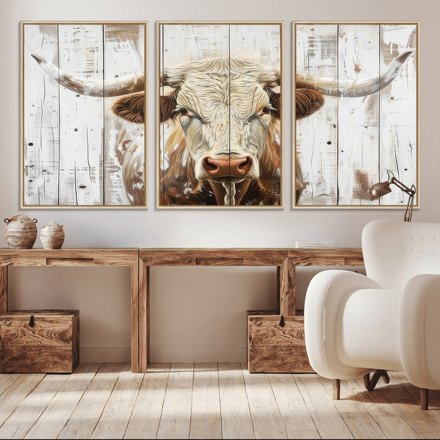 -Rustic Longhorn Bull Wall Art Canvas Set – Western-Inspired Farmhouse Décor - Ready to Hang