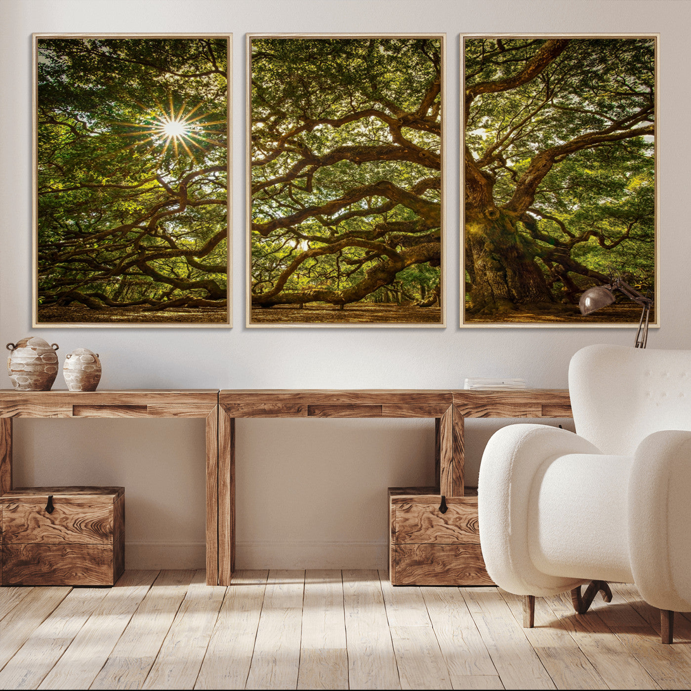 57983-MGV-CV-36X24-Ancient Angel Oak Tree Art Sunburst Canvas Print- Nature-Inspired Triptych Canvas Print, Framed,