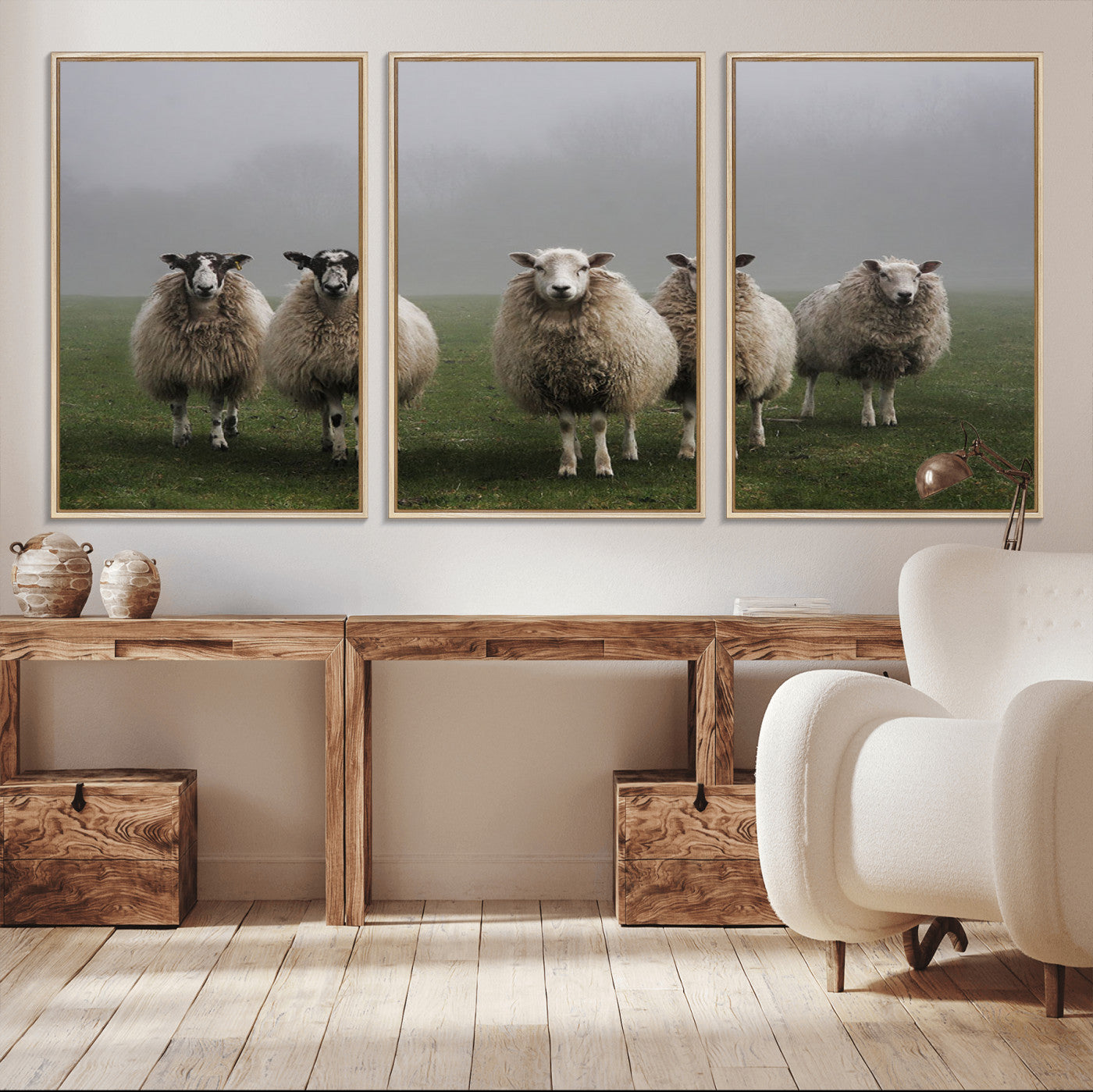 87339-MGV-FC-60X30-3P_Natural-Flock of Sheep in a Mystical Fog – Pastoral Wall Art Canvas Print, Framed, Ready to Hang