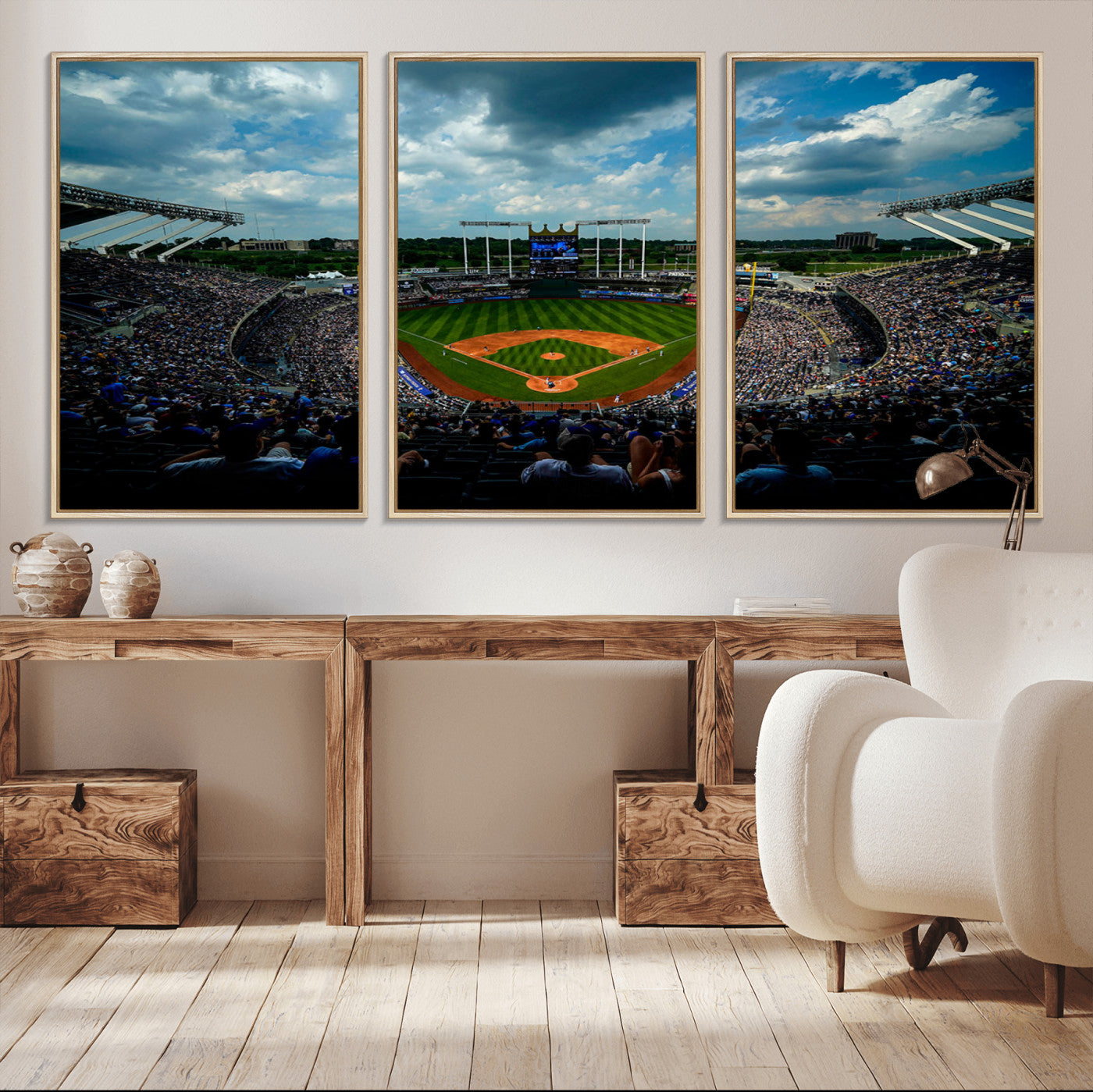 -3-Panel Kauffman Stadium Wall Art Print | Large Kansas City Royals Baseball Canvas Print for Sports