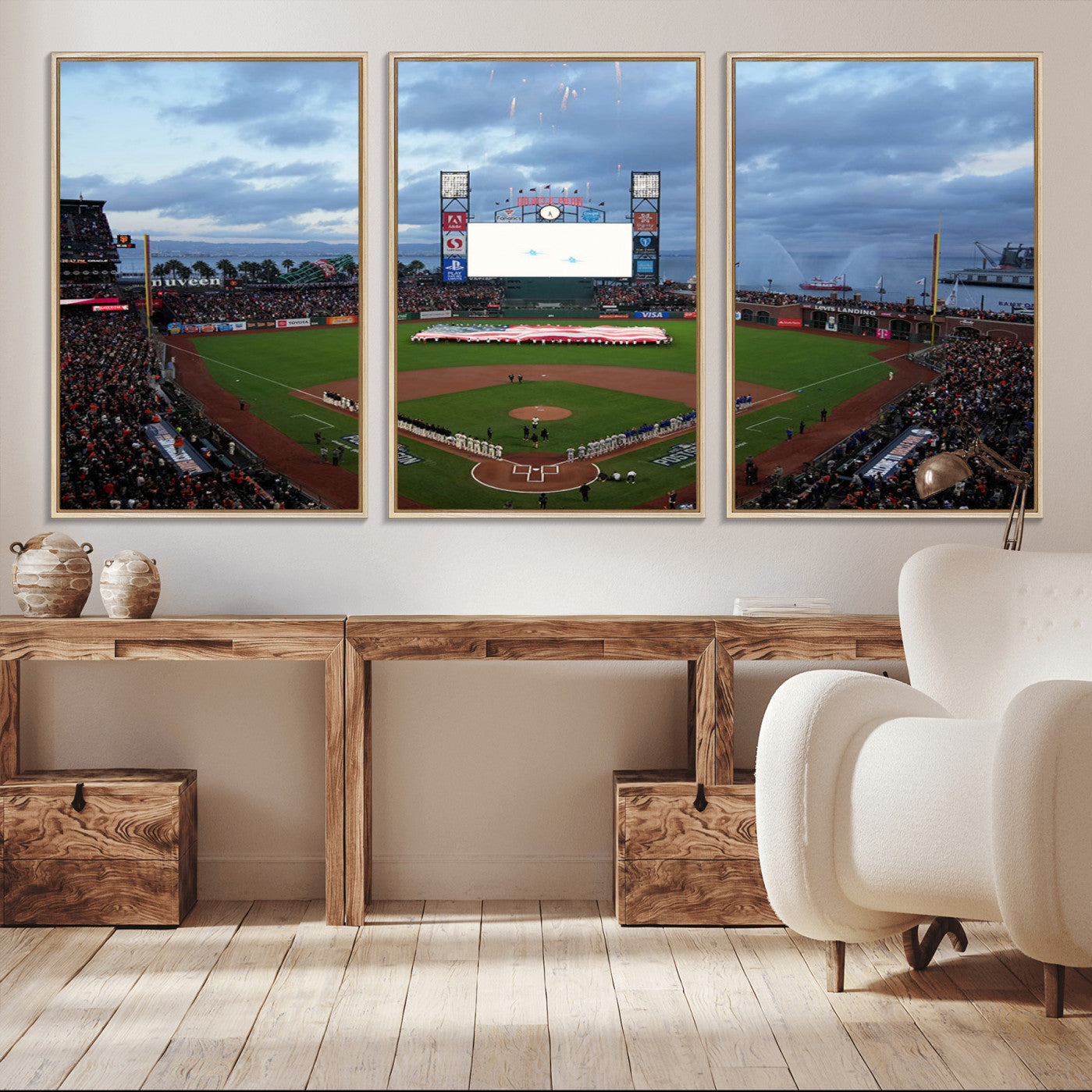 44631-MGV-FC-60X30-3P_Natural-Oracle Park San Francisco Giants Wall Art | Oracle Park Stadium Canvas Print| Large Framed Baseball