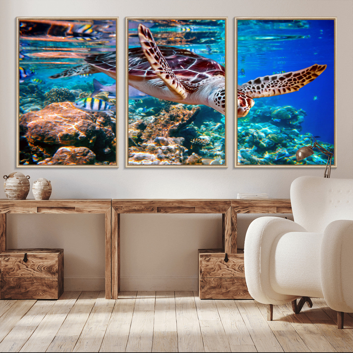 -Underwater Coral Reef Sea Turtle Wall Art Canvas Print, Vibrant Marine Life | Colorful Ocean Scene