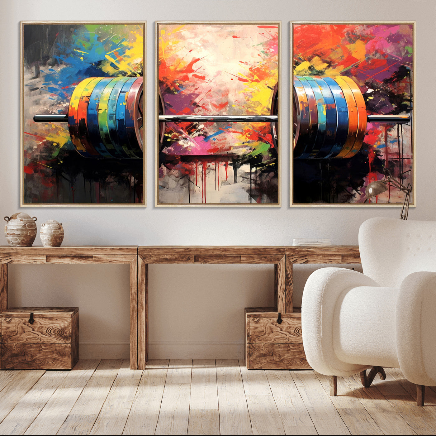 80436-MGV-FC-60X30-3P_Natural-Weightlifting Barbell Art Triptych, Bold Abstract Fitness Wall Decor for Gym or Home, Giclee Canvas