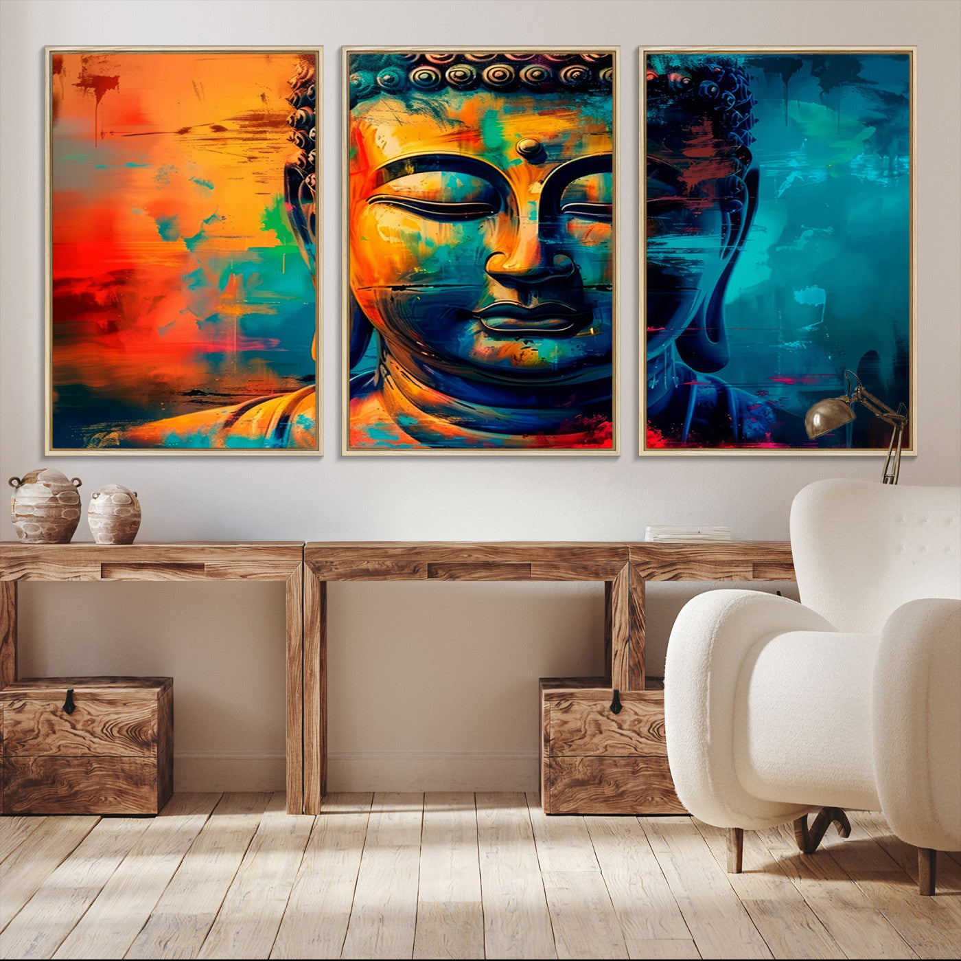 48759-MGV-CV-48X32-3P-Colorful Buddha Wall Art – Framed Abstract Portrait Canvas Artwork, Vibrant Spiritual Design, Modern Zen Decor for Home, Office