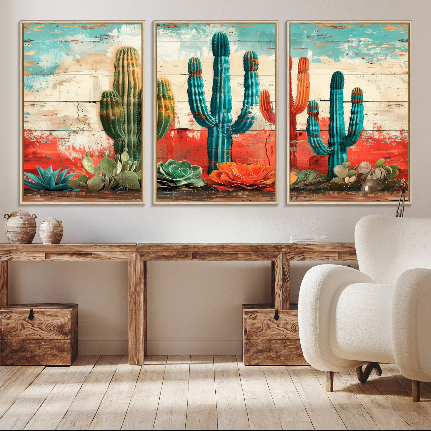 A vivid southwestern-style artwork featuring an eclectic mix of cacti and succulents painted against a textured, rustic wood backdrop in rich turquoise, red, and orange hues.