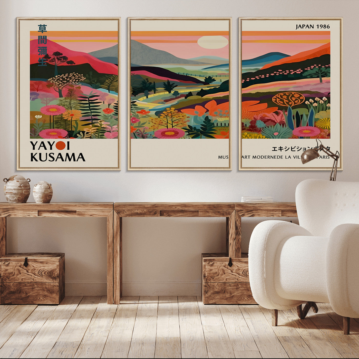 -Yayoi Kusama Landscape Canvas Print, Vibrant Floral Mountain Art Print, Botanical Flower Nature