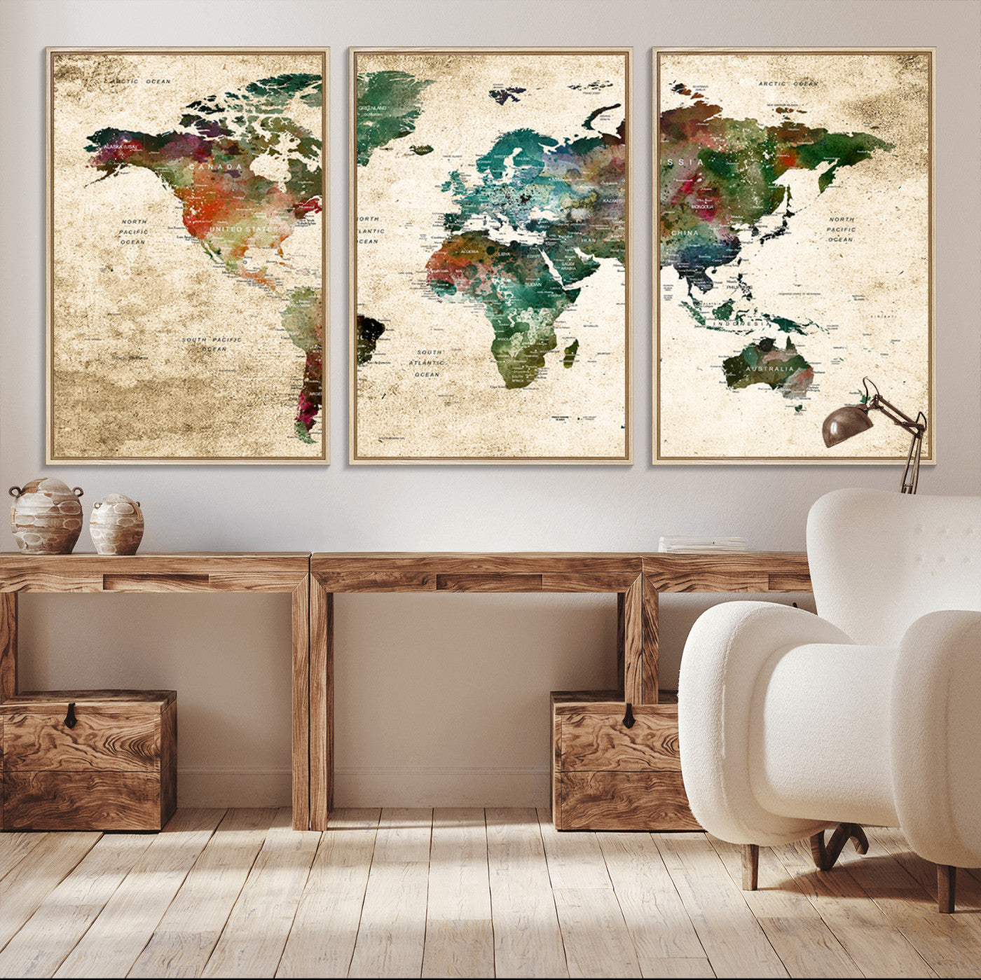 45128-MGV-FC-60X30-3P_Natural-Push Pin World Map Canvas Print – Framed Travel Tracker Wall Art for Couples, Perfect Anniversary Gift and Home Decor
