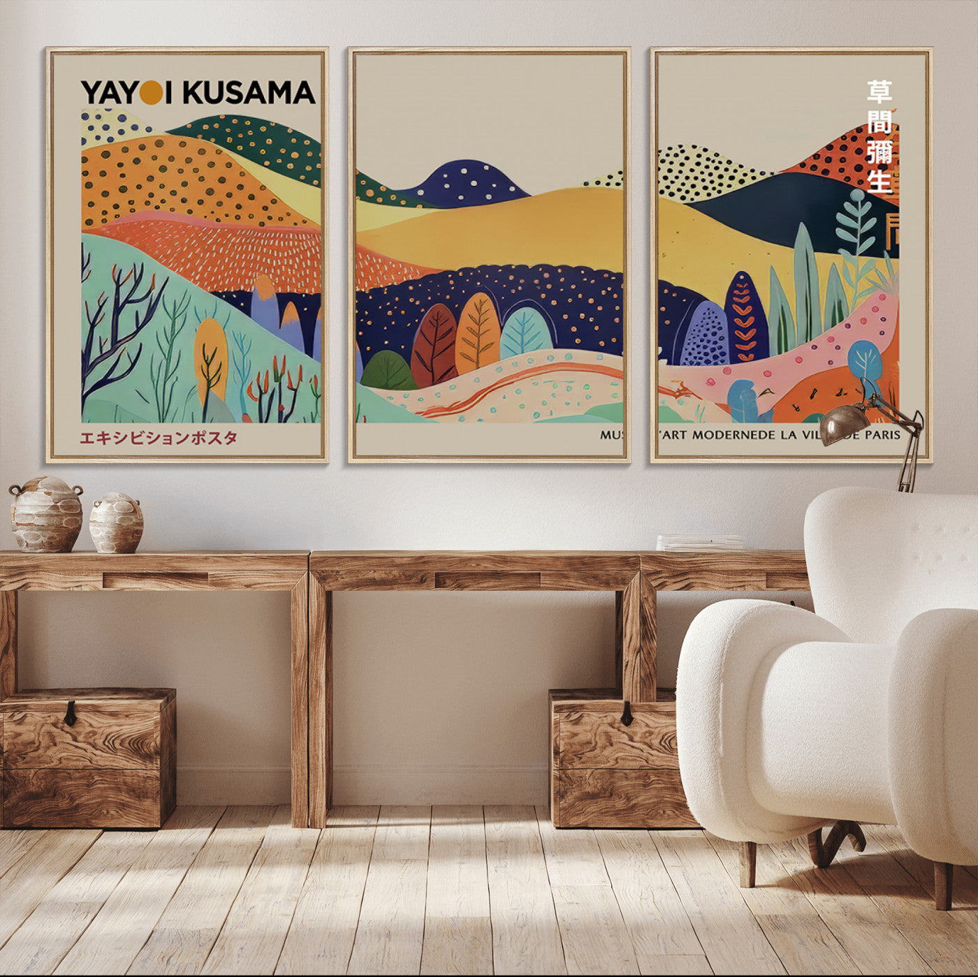 32653-MGV-FC-60X30-3P_Natural-Framed Yayoi Kusama 1986 Wall Art Print – Japanese Wall Art Print, Wabi Sabi Yayoi Kusama Print -