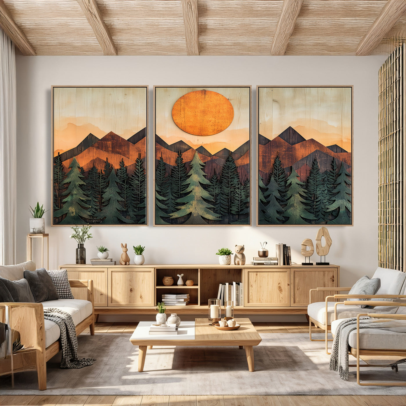 77739-MGV-CV-36X24 - Wood Style Sunset Mountain Landscape Canvas Wall Art Print - Nature Decor for Living Room, Office