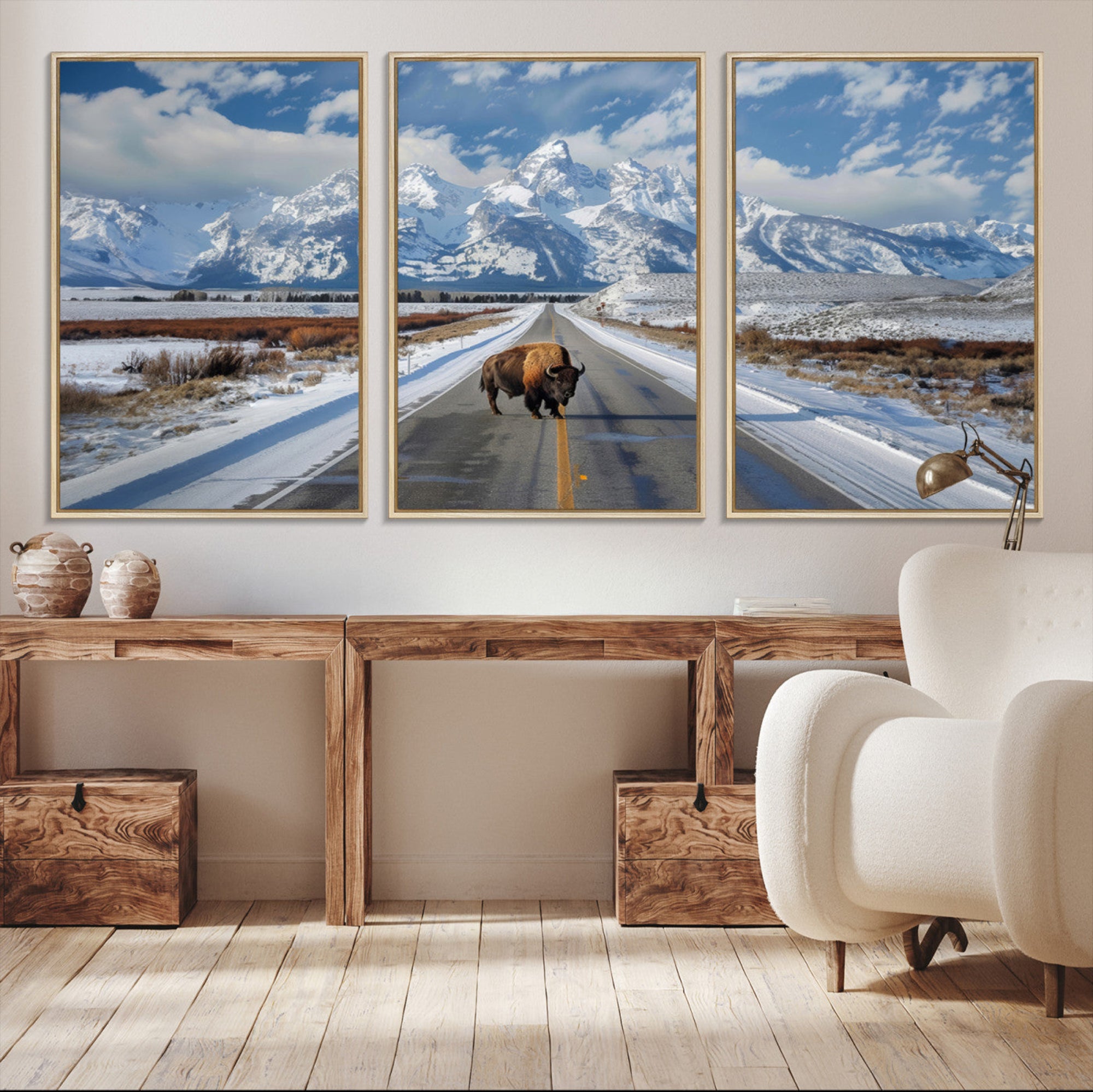 75997-MGV-CV-48X32-3P-Bison Snowy Road Wall Art – Framed Mountain Landscape Canvas Artwork, Wild Nature Design, Rustic Western Decor for Home, Office