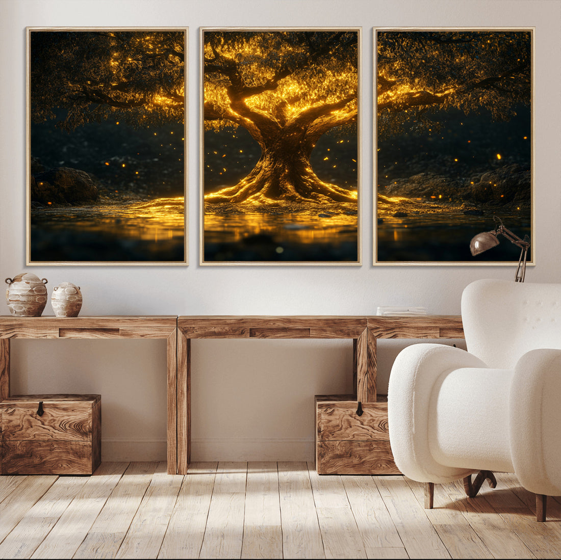 Golden Tree of Life Canvas Wall Art Print, Majestic Glowing Tree Wall Art