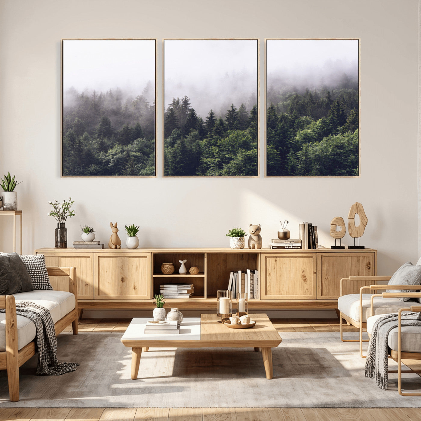 42578900-MGV-CV-36X24 - Misty Forest Canvas Wall Art – Serene Triptych Nature Print – Woodland Landscape Decor for Living