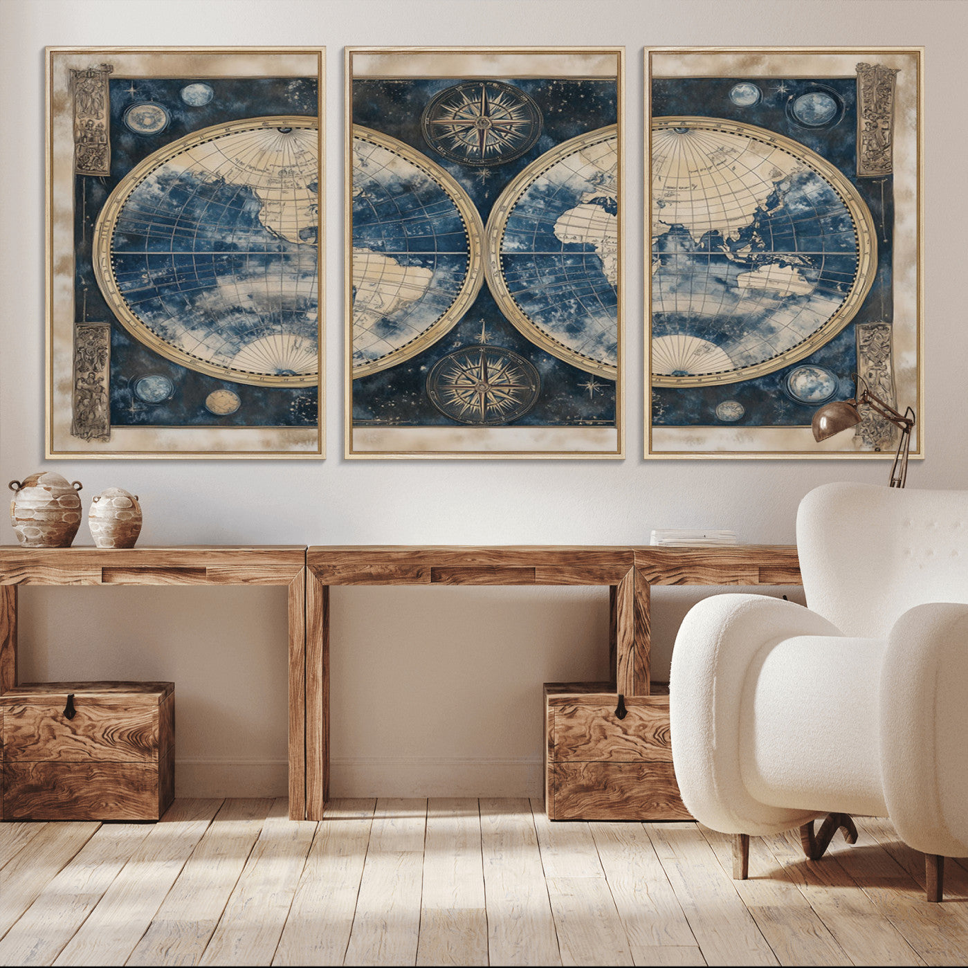-Framed Vintage Blue World Map Canvas Print – Antique Double Hemisphere Wall Art for Home and Office Decor, Classic Explorer Map Artwork