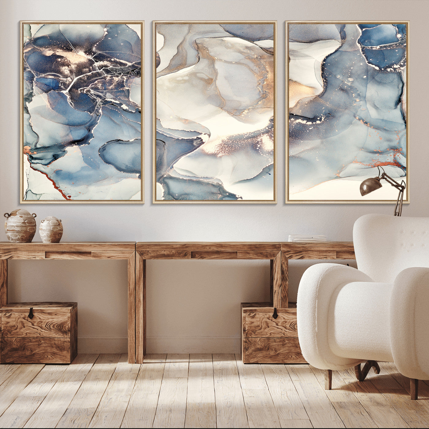51497-MGV-CV-36X24-Abstract Blue and Gold Canvas Wall Art - Fluid Modern Ink Artwork - Modern Luxury Wall Decor for