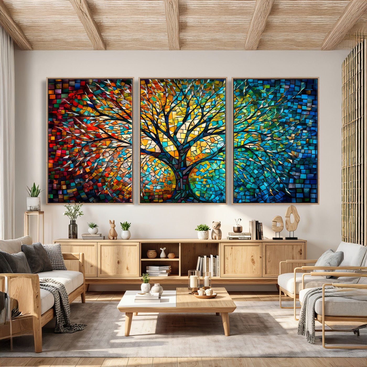 99325-MGV-CV-36X24 - Yggdrasil Tree of Life Wall Art Print Canvas | Mosaic Style 3-Panel Canvas Print