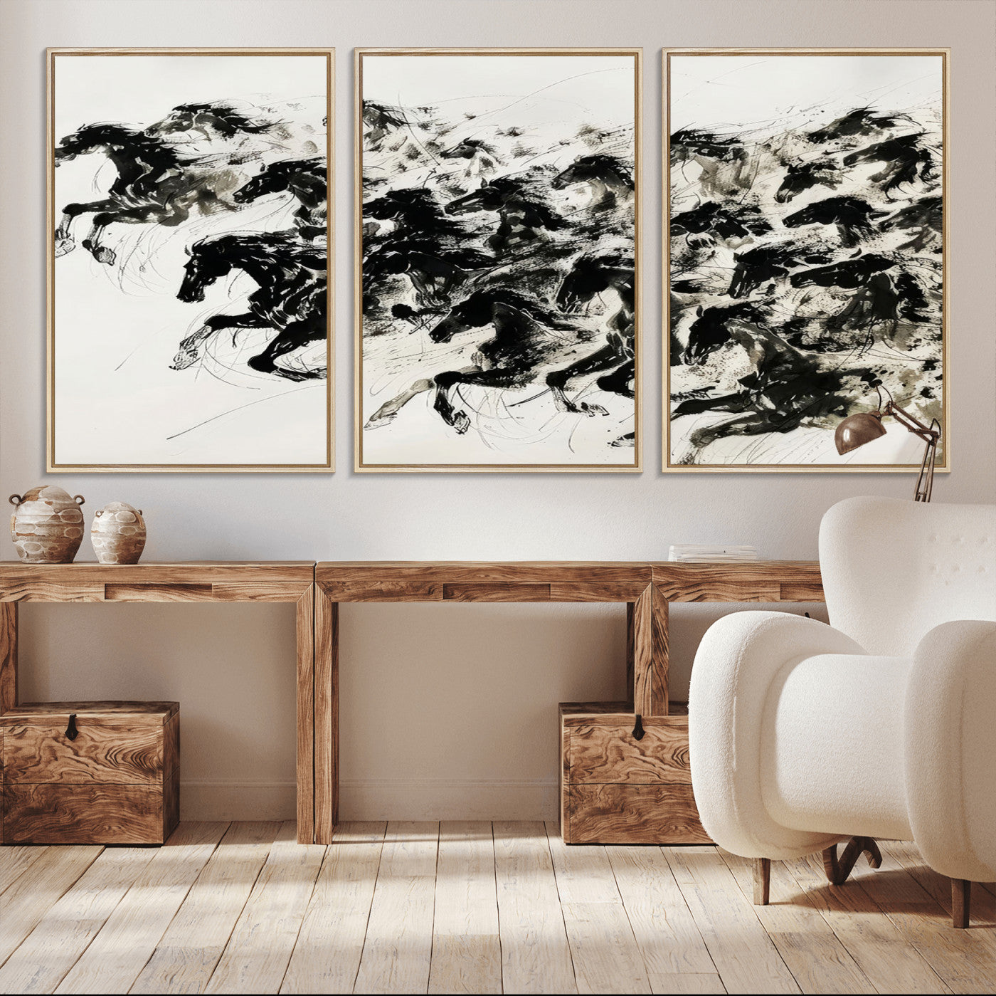 MGV-FC-60X30-3P - Abstract Horse Wall Art Canvas Print - Dynamic Black Ink Horse Print - Modern Equine Wall Decor for