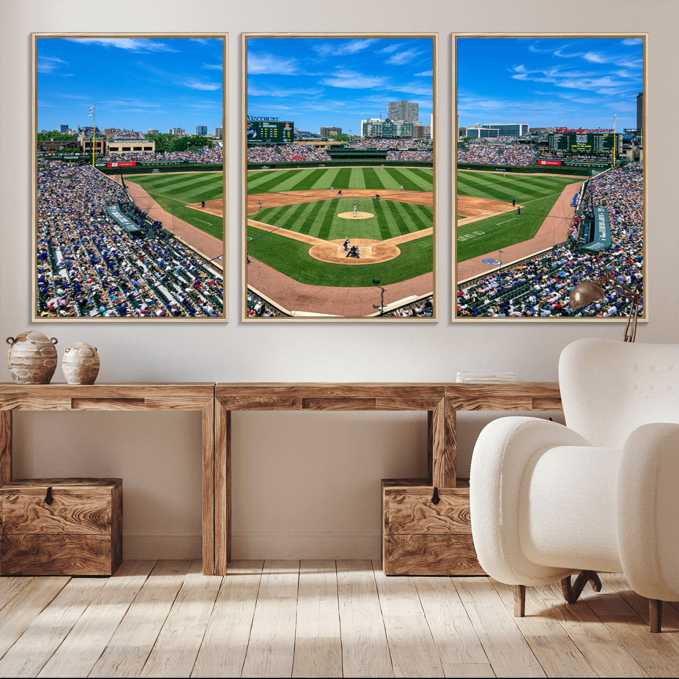 -Framed Wrigley Field Chicago Cubs Print, Panoramic Multi Piece Canvas Wall Art - Iconic Baseball