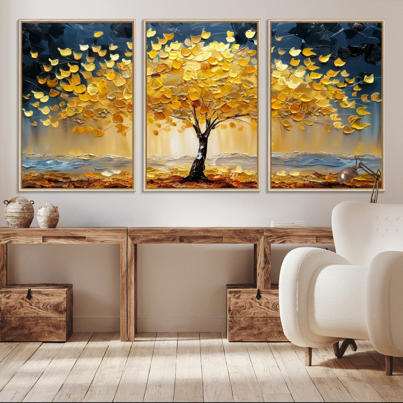 A stunning impasto painting captures the golden hues of autumn with a vibrant tree glowing against a dramatic blue and brown backdrop.