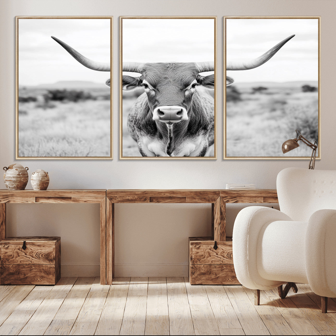 -Highland Cow Wall Art Print - Black and White Texas Western Longhorn Canvas - Farmhouse Decor Print
