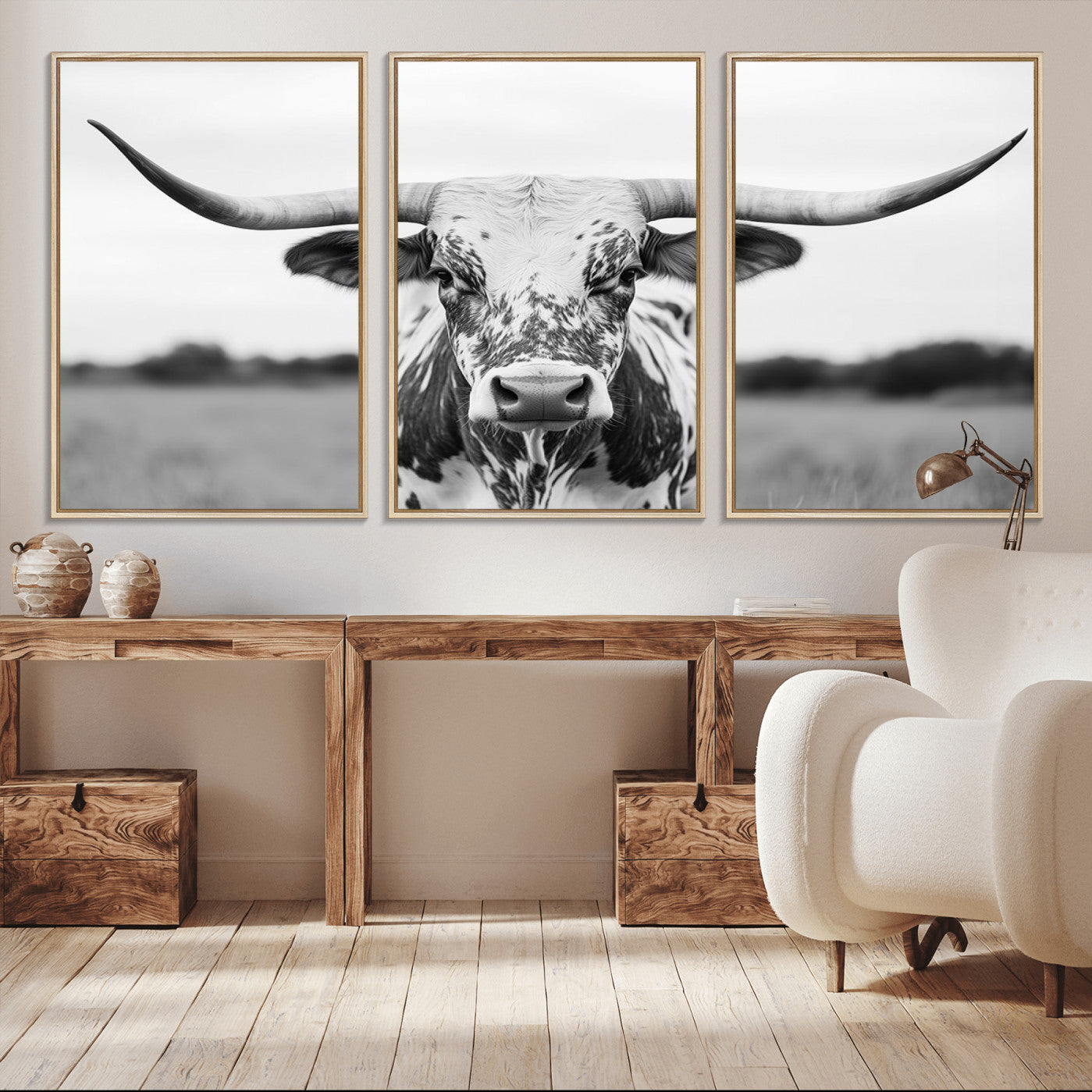 -Highland Cow Wall Art - Black and White Western Longhorn Canvas Print - Farmhouse Living Room Decor