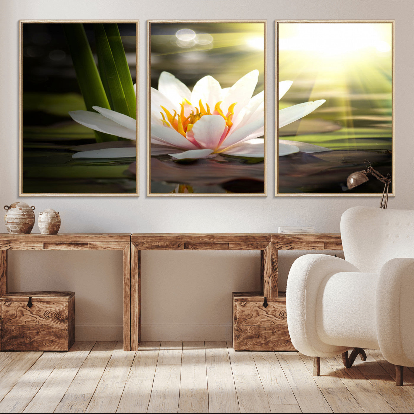 60352-MGV-FC-60X30-3P_Natural-Lotus Flower Wall Art Canvas Print, Water Lily Large Wall Art Canvas Print