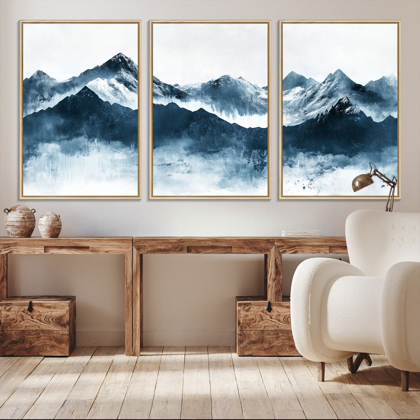Abstract blue-toned canvas of snowy mountains in misty tones, ideal for minimalist or moody alpine-inspired home decor.