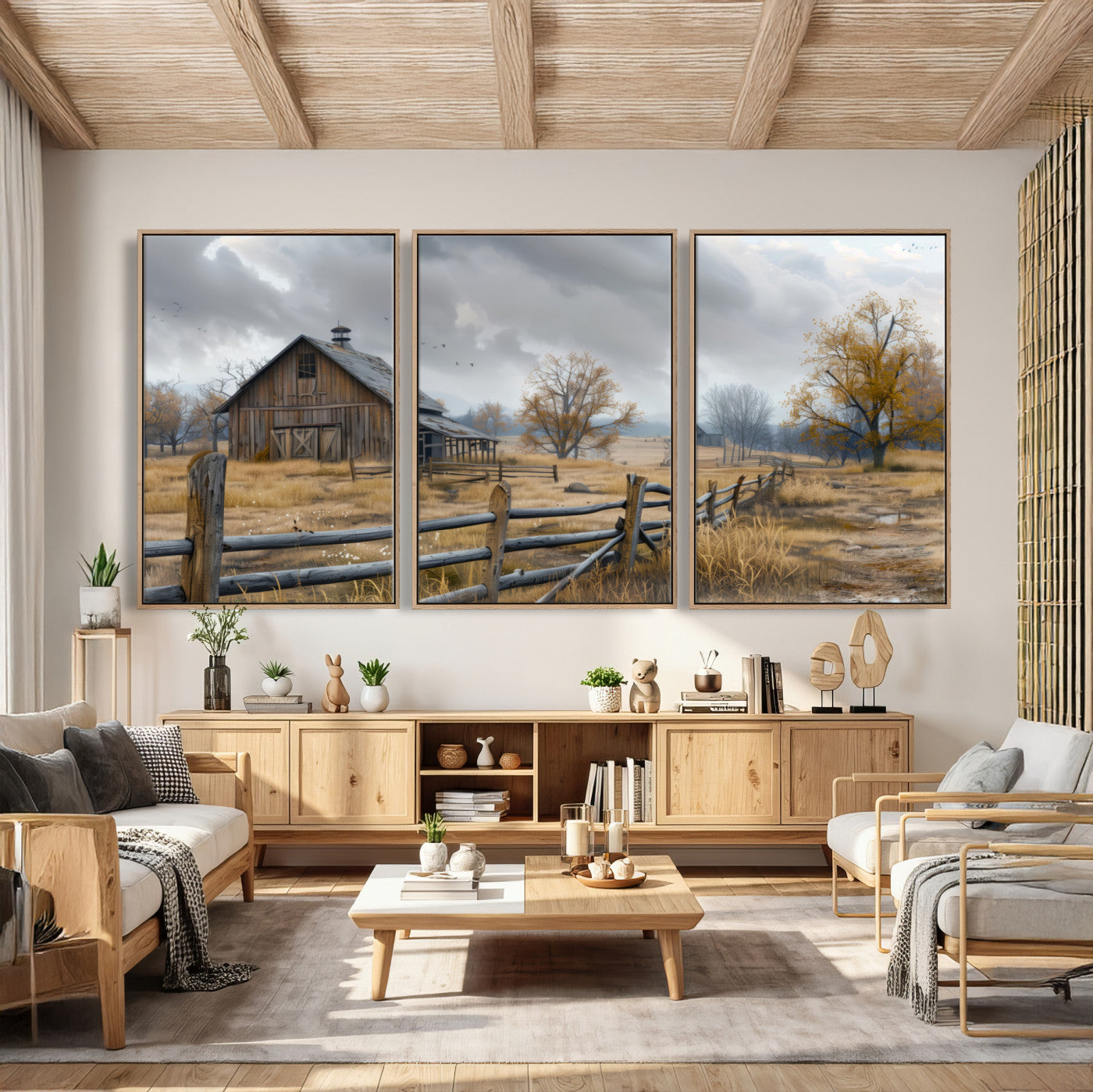 Farm1-MGV-CV-36X24 - Rustic Autumn Farmhouse Wall Art Canvas Print – Serene Countryside Scene with Weathered Barn and