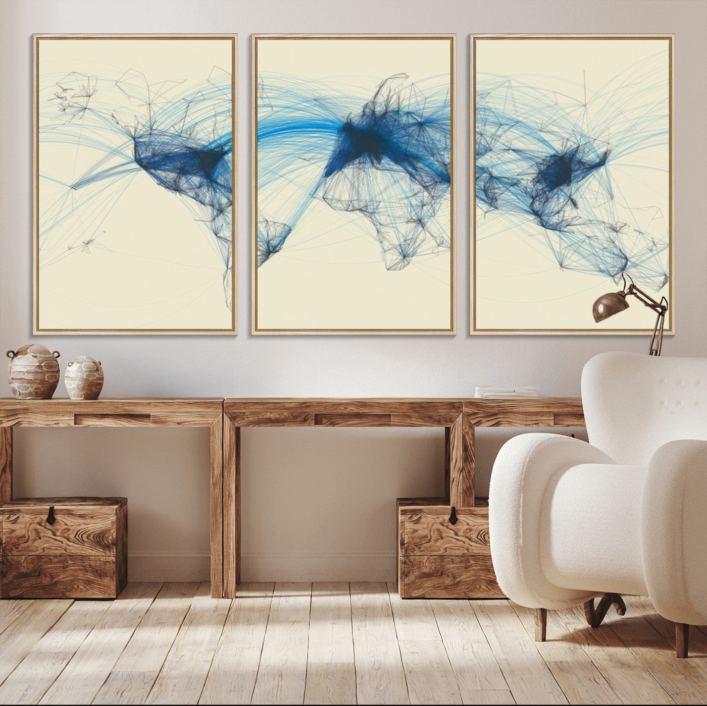 Map-Blue-Contract-MGV-FC-60X30-3P_Natural-Flight Routes Map Art – Modern Air Traffic World Map Canvas Print with Blue Connections, Framed Wall Art for Office or Home Decor