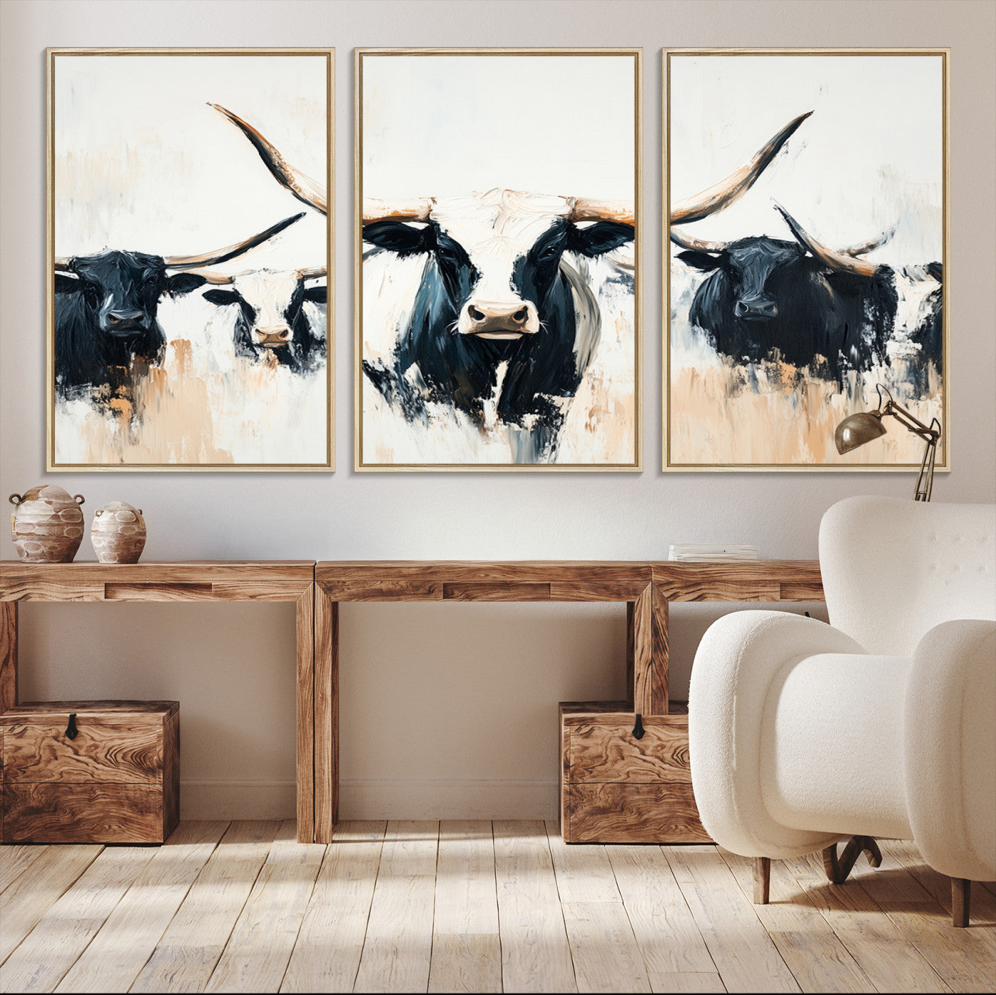 -Texas Longhorn Wall Art Canvas Print, Framed Western Cattle Art Picture Print, Horned Bull Perfect