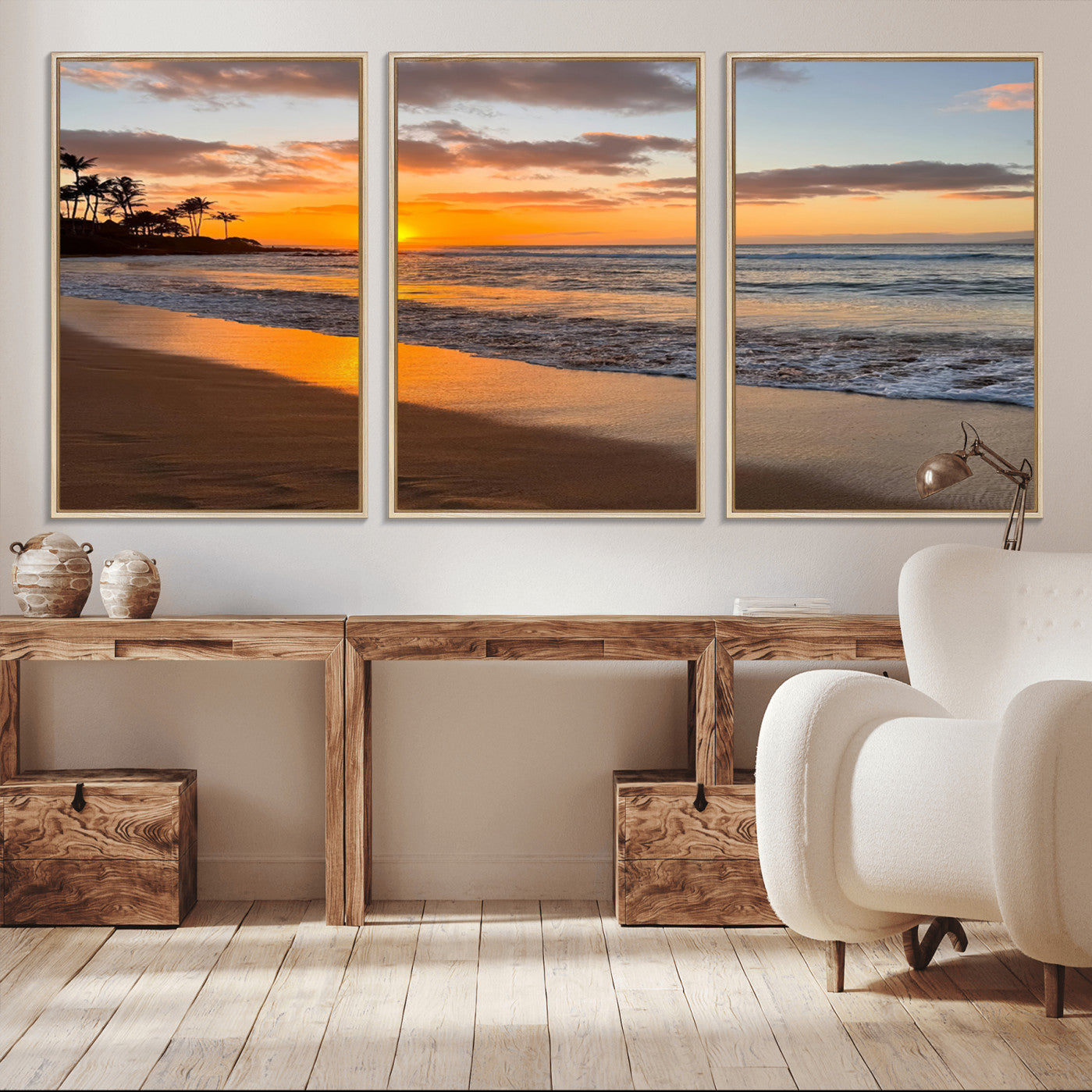MGV-FC-60X30-3P - Sunset Glow Wall Art – Canvas Print of Ocean Breeze, Golden Sand, Tropical Palm Silhouettes, Tranquil Waves, Beach Nature Decor for Home