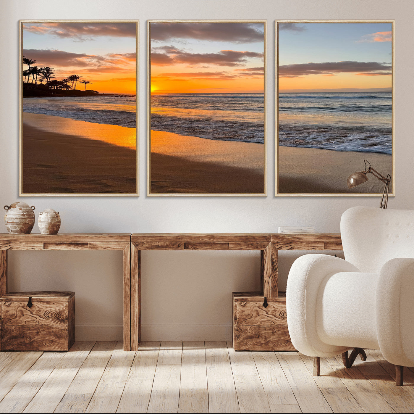 MGV-FC-60X30-3P - Sunset Glow Wall Art – Canvas Print of Ocean Breeze, Golden Sand, Tropical Palm Silhouettes, Tranquil Waves, Beach Nature Decor for Home
