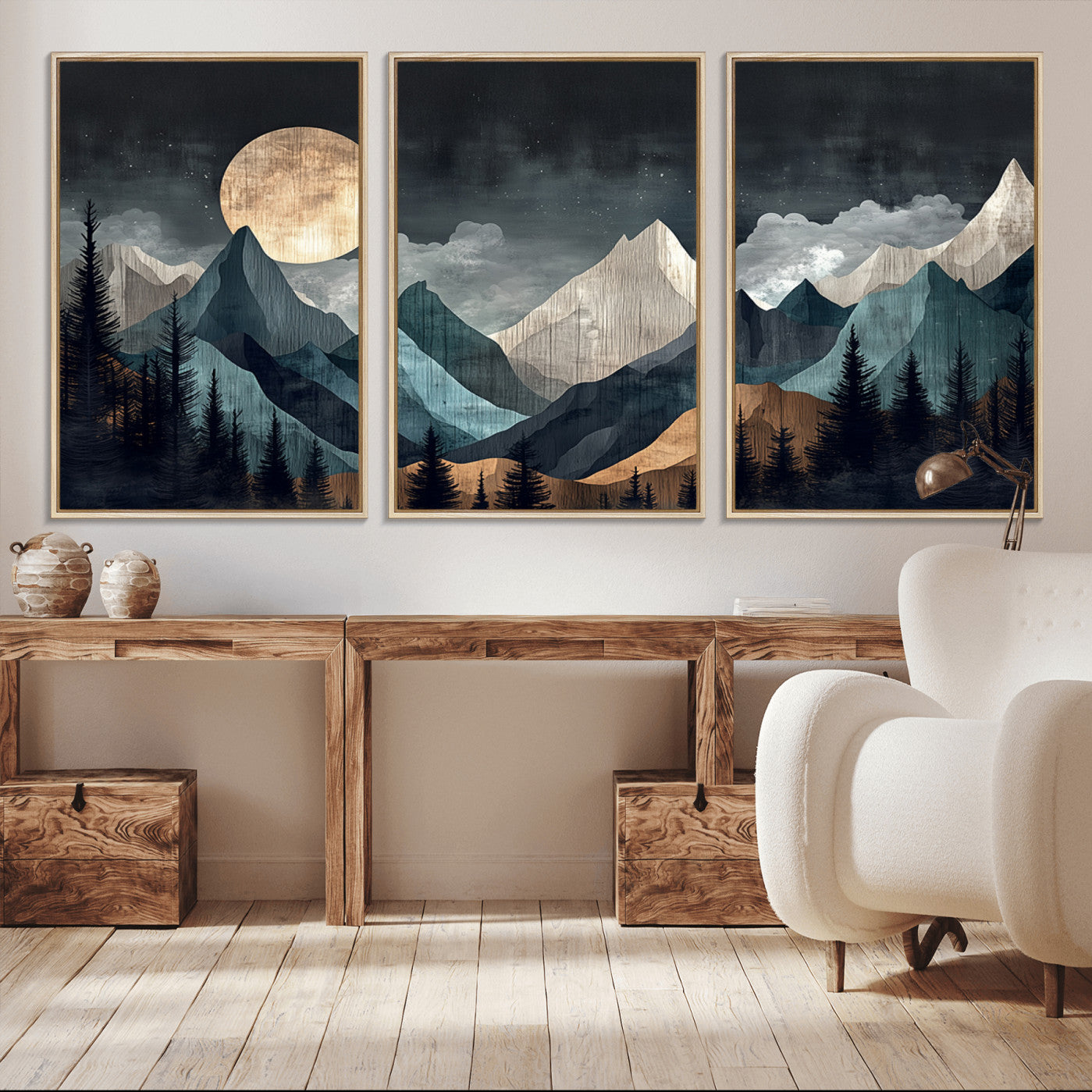 11060882-MGV-CV-36X24-Moonlit Mountain Wall Art Canvas Print – Silhouetted Pines Layered Peaks Tranquil Sky Mist Silver Light Nature Artwork for Home