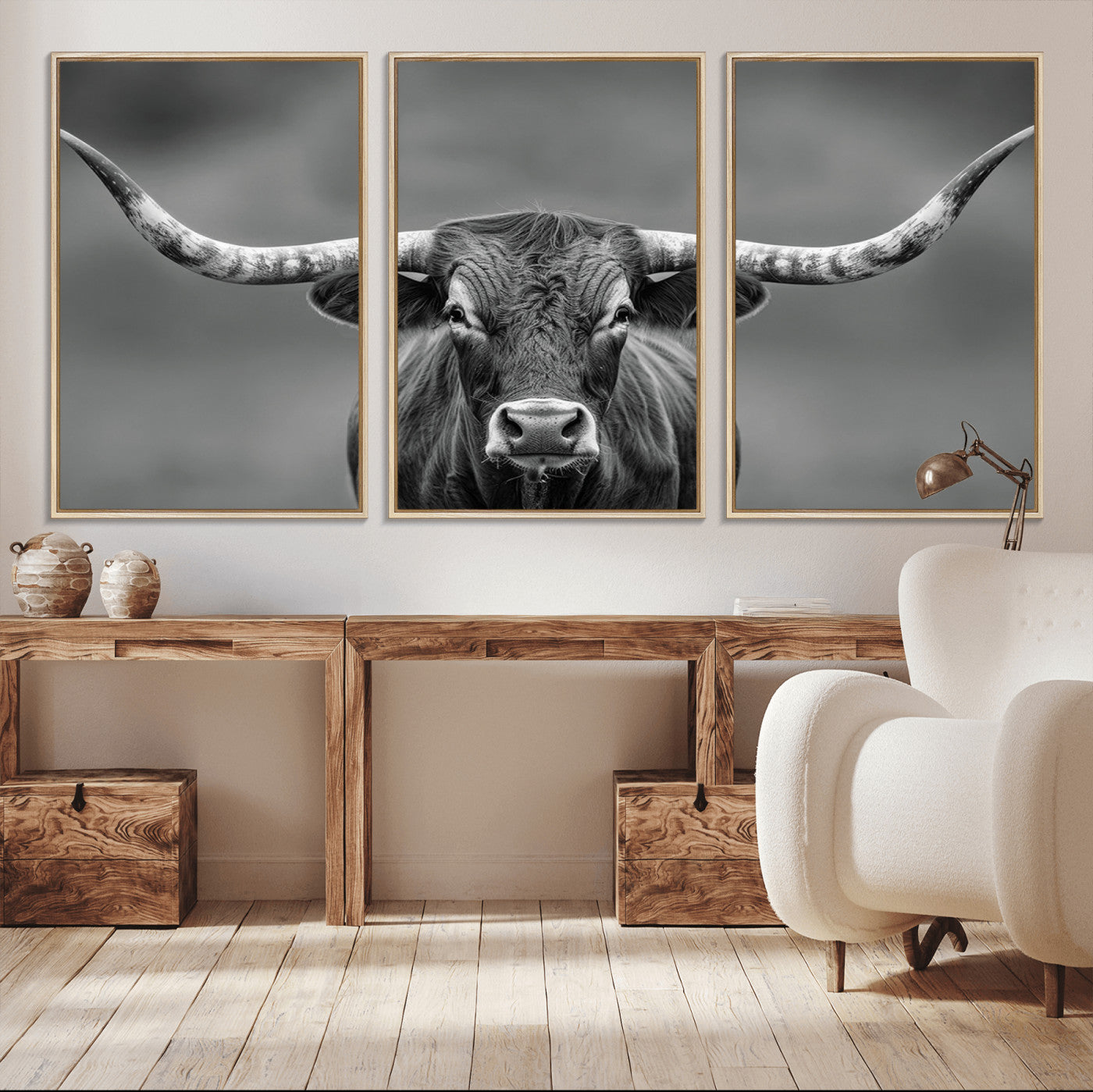 81228550-MGV-FC-60X30-3P_Natural-Framed Texas Longhorn Bull Art Canvas Print, Western Bull Wall Art Print, Long Horn Bull Photo Print
