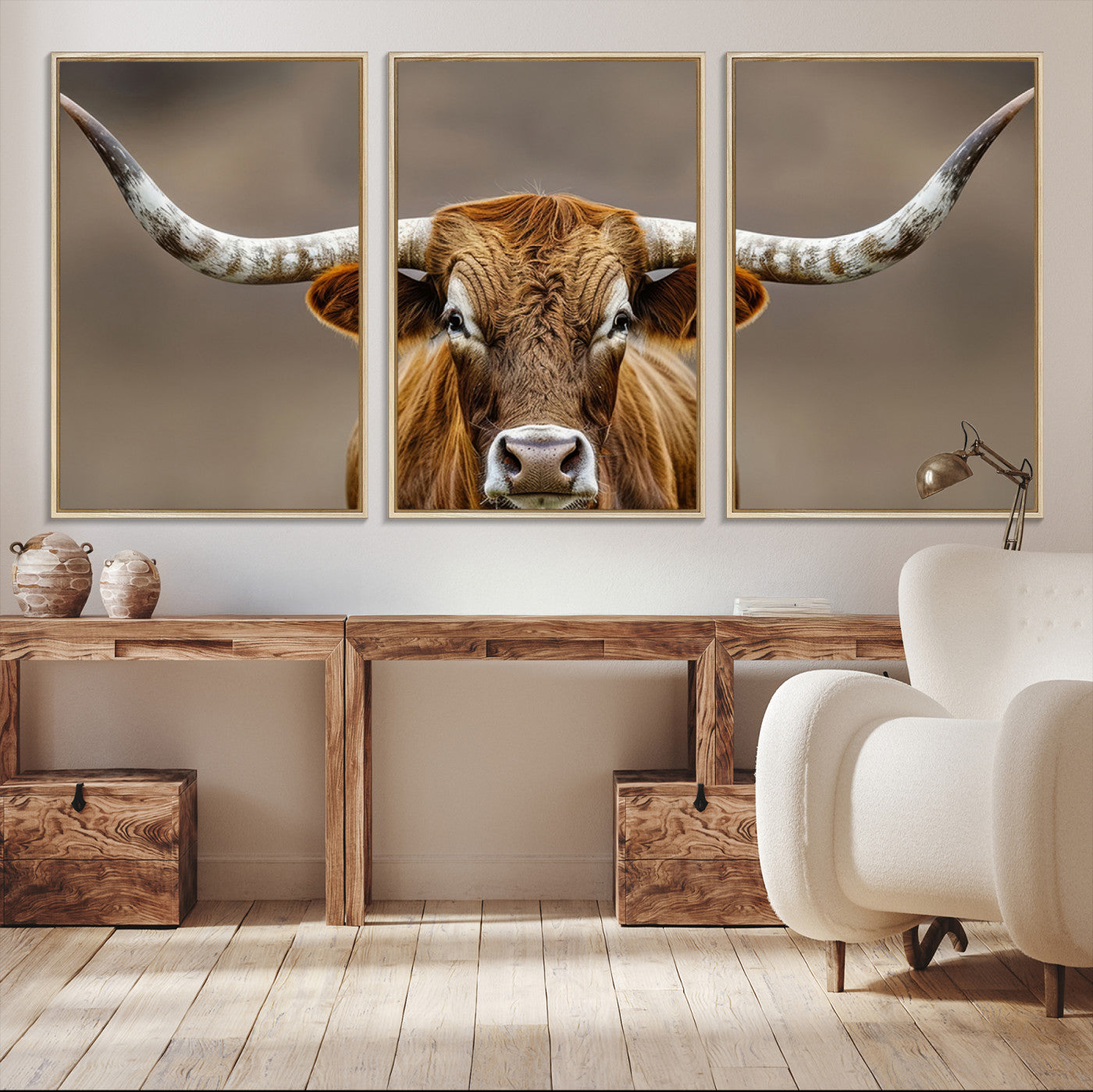12179171-MGV-CV-36X24-Texas Longhorn Wall Art Canvas Print – Brown Bull Rustic Ranch Western Cattle Nature Artwork for Home Office