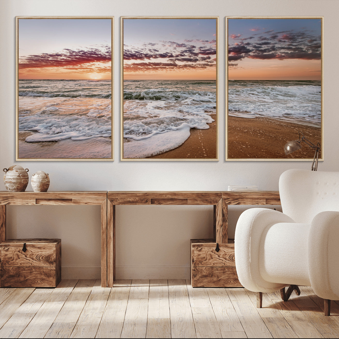 39846389-MGV-CV-36X24-Ocean Sunset Wall Art Canvas Print – Framed Sandy Shore Gentle Waves Coastal Landscape Minimalist Artwork for Home, Office