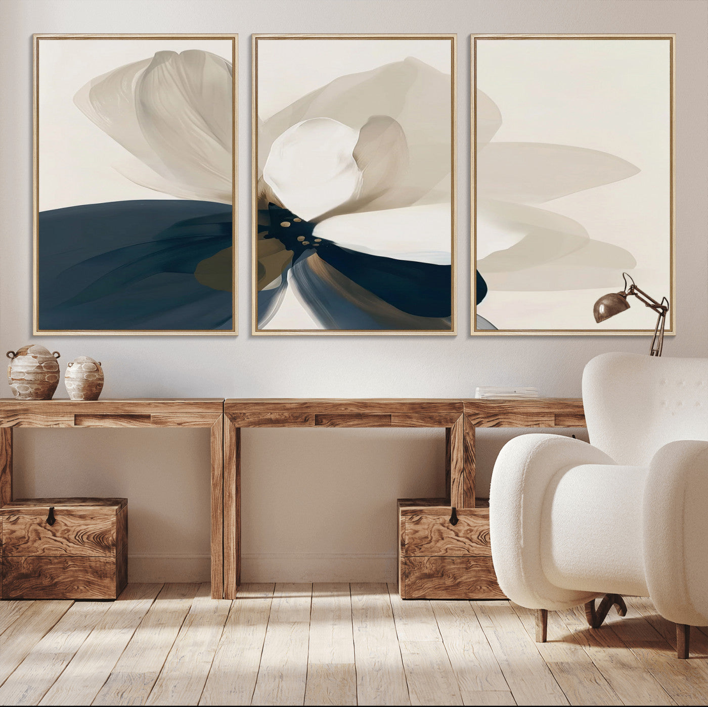 42188901-MGV-CV-36X24-Minimal Flower Wall Art Canvas Print – Framed Beige Bloom Botanical Modern Floral Artwork for Home, Office, Living Room