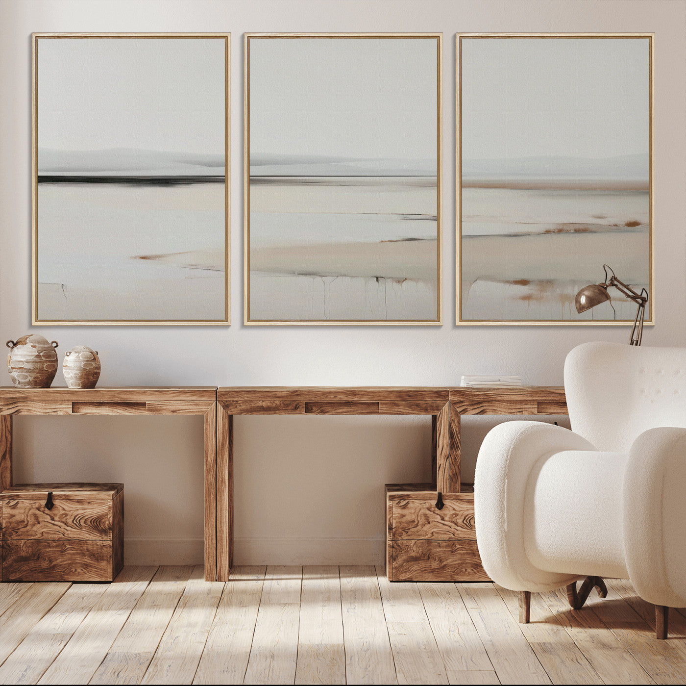 89410095-MGV-CV-36X24-Minimalist Landscape Wall Art Canvas Print – Framed Soft Horizon Abstract Seascape Earthy Tones Artwork for Home Office