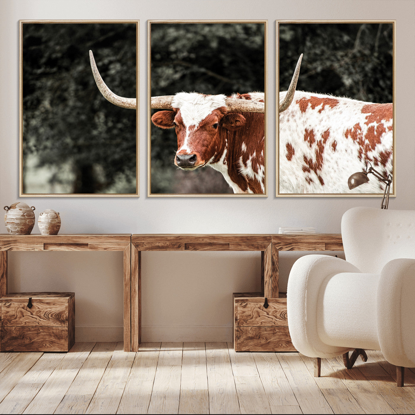 -Texas Longhorn Wall Art Canvas Print, Framed Spotted Cow Art Picture Print, Horned Bull Perfect Rustic Western Decor Artwork